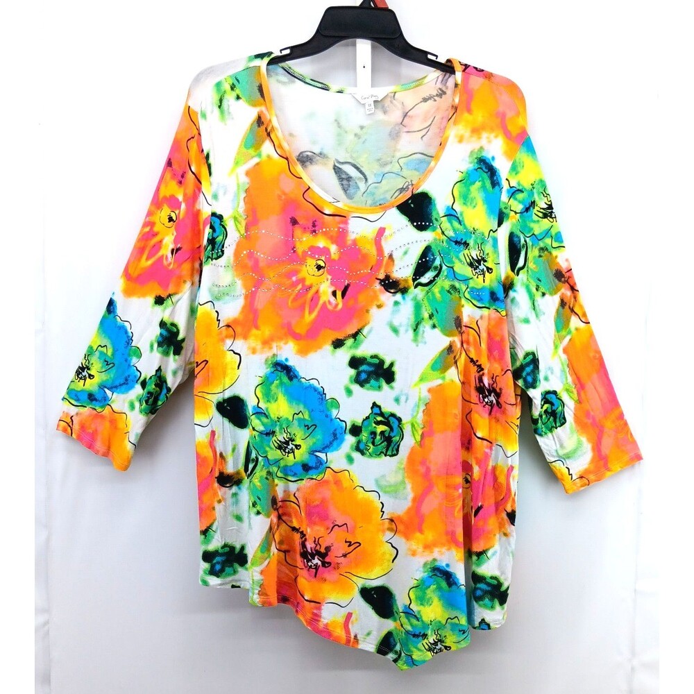 Coral Bay Shirt Women Plus Size 1X White Colorful Floral Beaded Scoop Neck Top